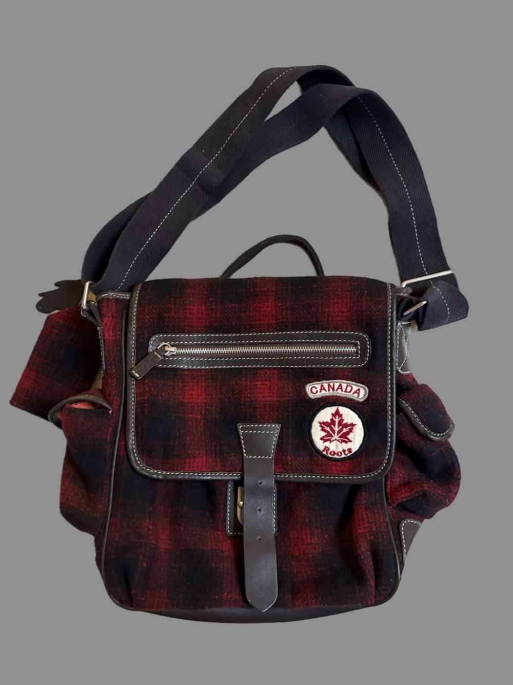 Roots Canada Vintage Red and Black Buffalo Plaid Over-the-Shoulder Messenger Bag